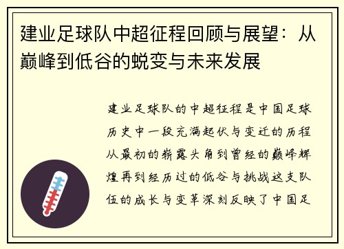 建业足球队中超征程回顾与展望：从巅峰到低谷的蜕变与未来发展